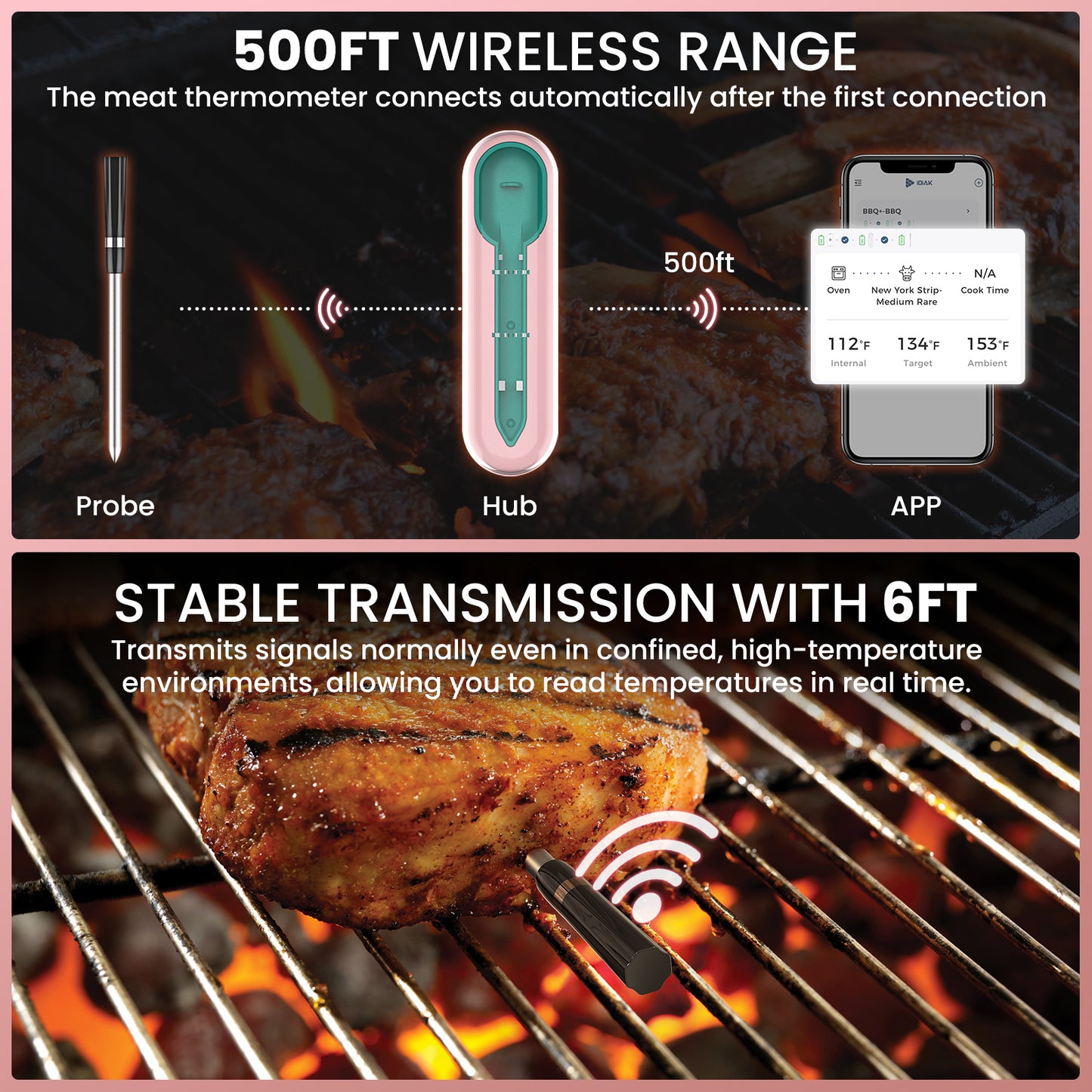 iDiAk CP10 New Gen Wireless Meat Thermometer for Grilling and Smoking-Pink