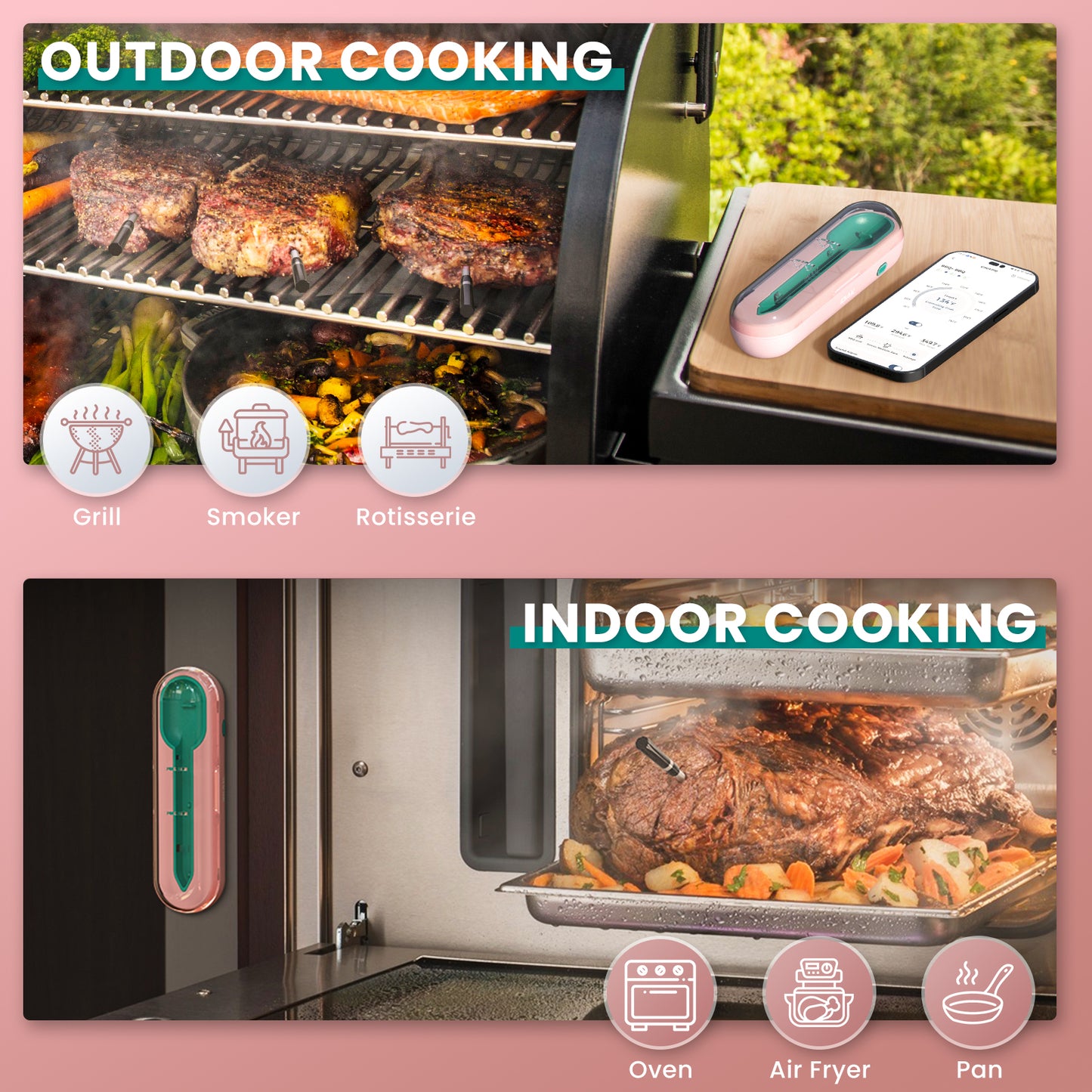 iDiAk CP10 New Gen Wireless Meat Thermometer for Grilling and Smoking-Pink