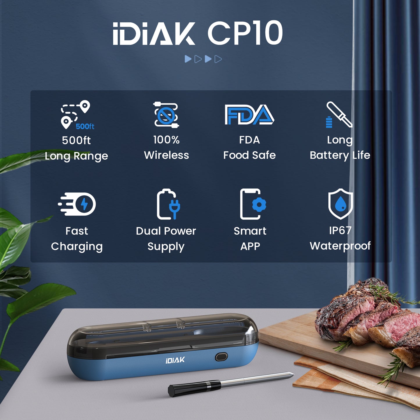 iDiAk CP10 New Gen Wireless Meat Thermometer for Grilling and Smoking-Blue
