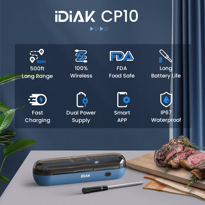 iDiAk CP10 New Gen Wireless Meat Thermometer for Grilling and Smoking-Blue