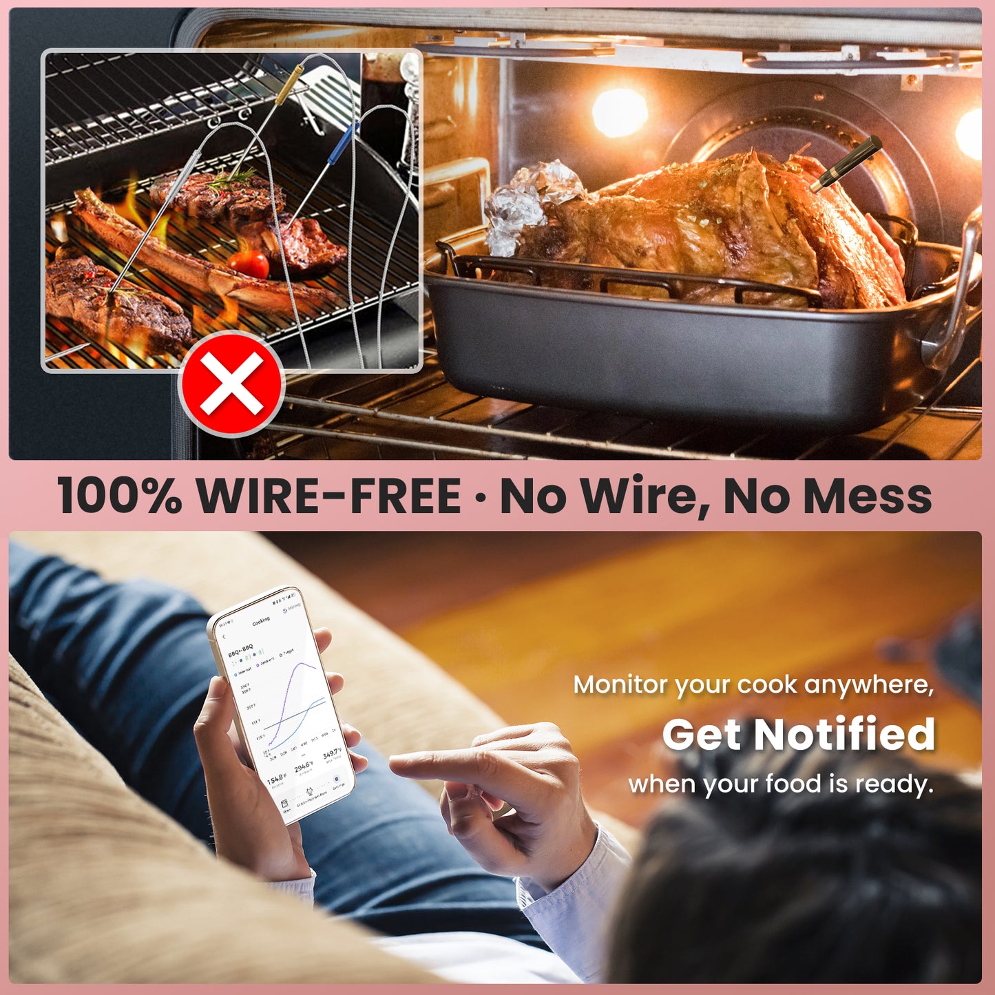 iDiAk CP10 New Gen Wireless Meat Thermometer for Grilling and Smoking-Pink